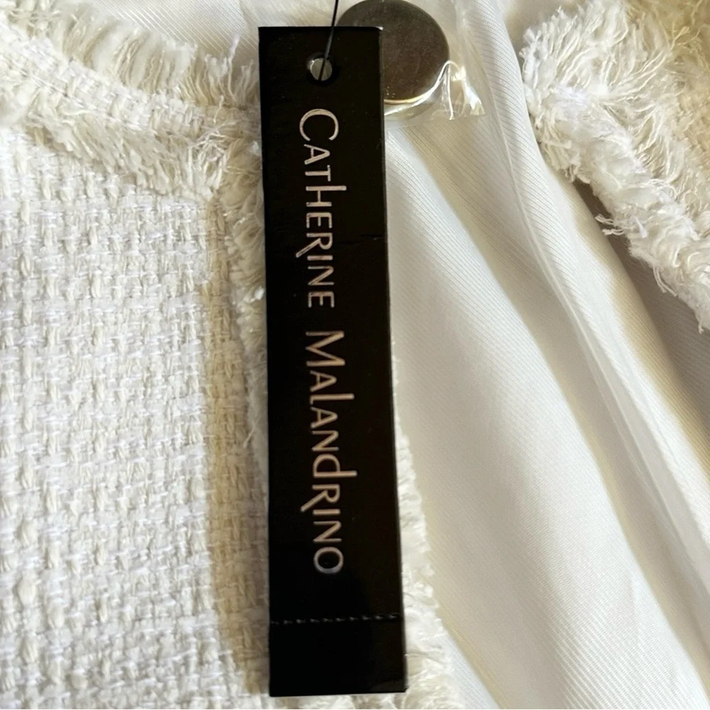 Catherine Malandrino Ivory Tweed Fringe Longline Coat Jacket Size 10 NWT Classic